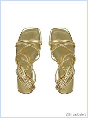 Lace Up Strappy Flat Sandals Metallic Square Open Toe Casual
